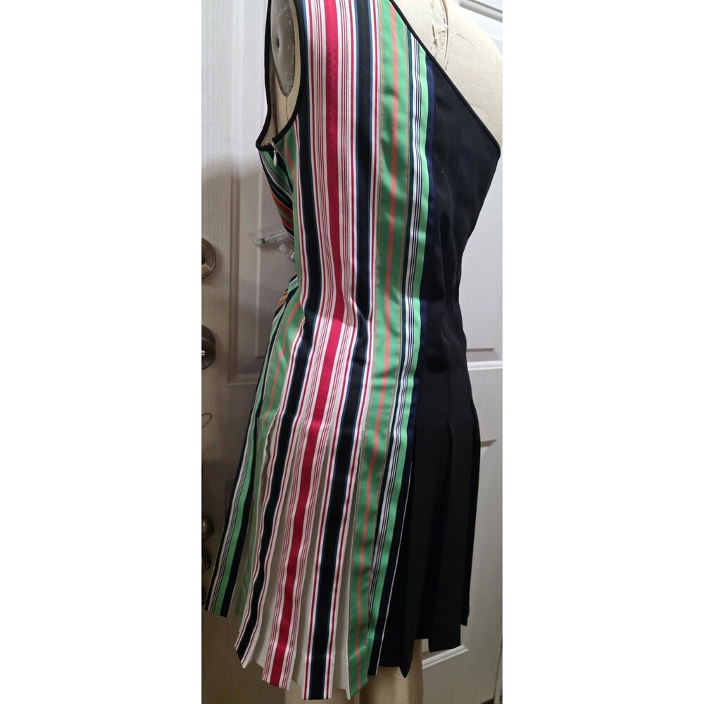 One Shoulder Striped Pleated A-Line Short Dress Black Green Red White Pink